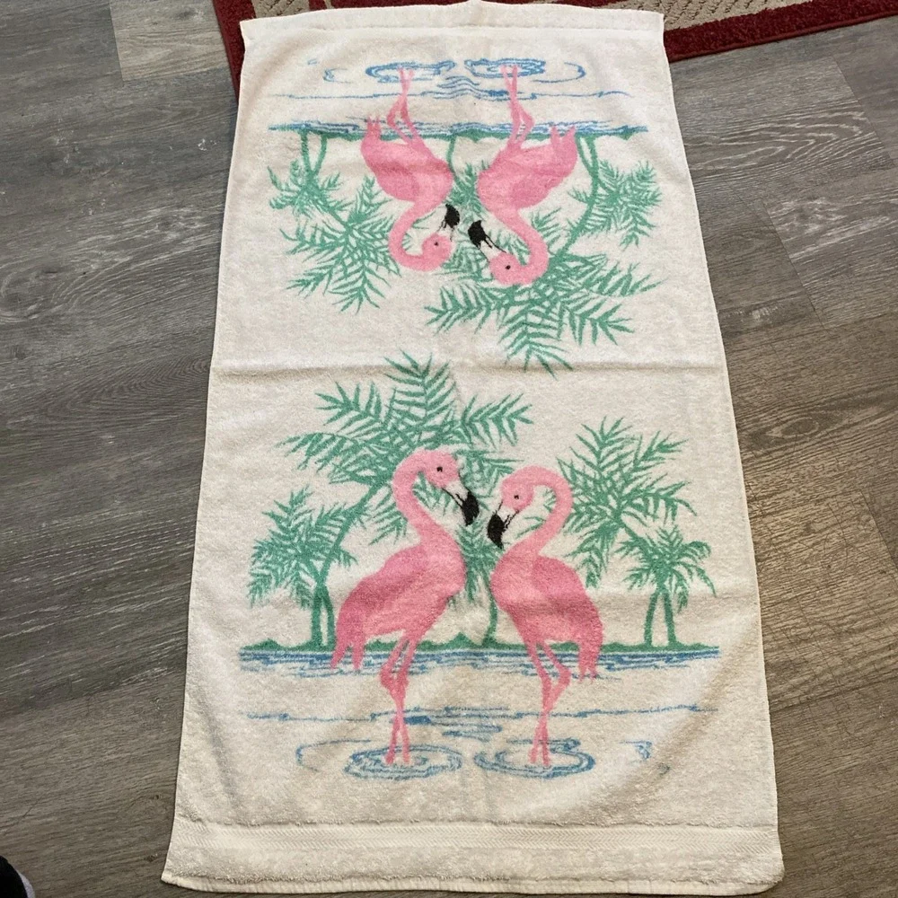 RA BRIGGS VINTAGE 2 PIECE TOWEL SET BATH TOWEL & WASHCLOTH FLAMINGO PRINT